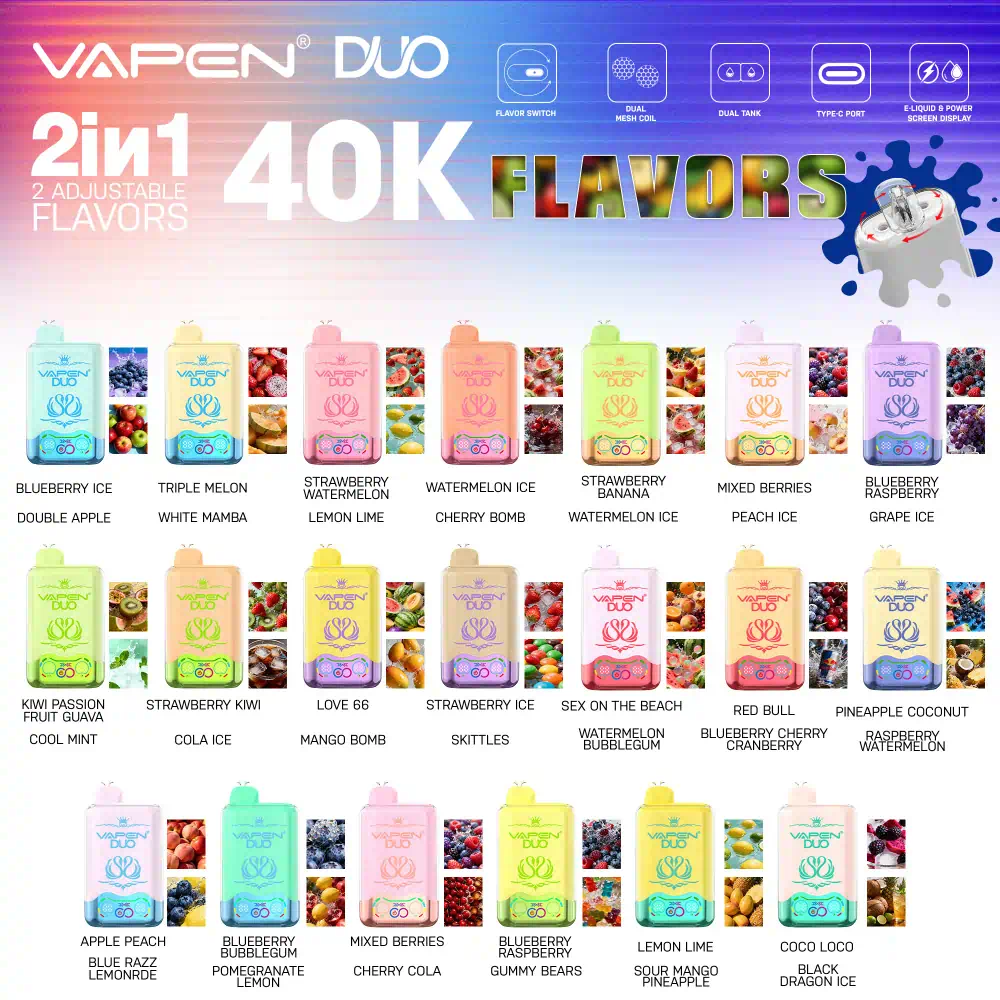 VAPEN DUO 40K dual flavor disposable vape collection with 20 flavor options, 40,000 puffs, dual e-liquid tanks, rotating mouthpiece, smart display, Type-C fast charging, and anti-leak protection