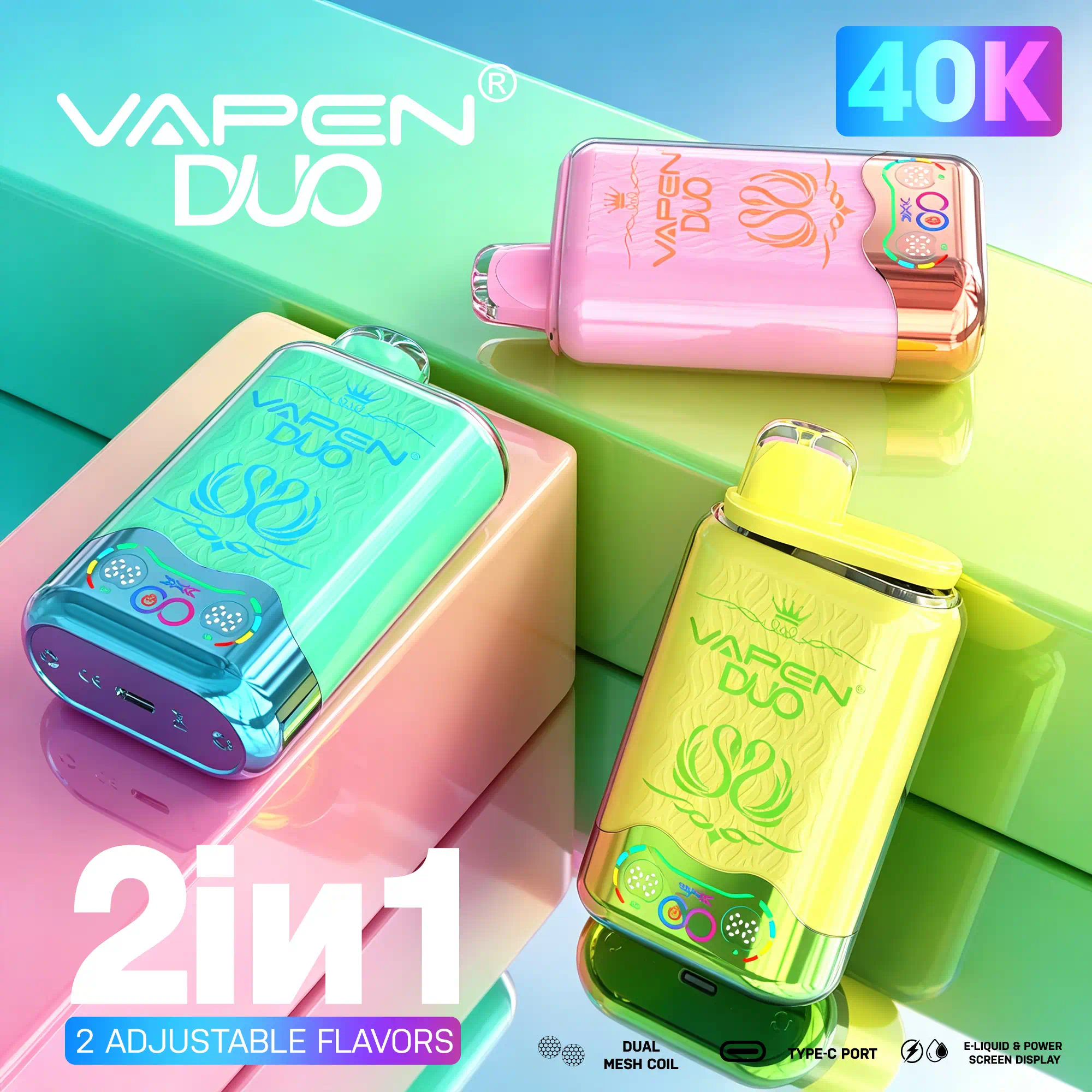 VAPEN DUO 40K dual flavor disposable vape with up to 40,000 puffs, dual e-liquid tanks, rotating mouthpiece, and smart display