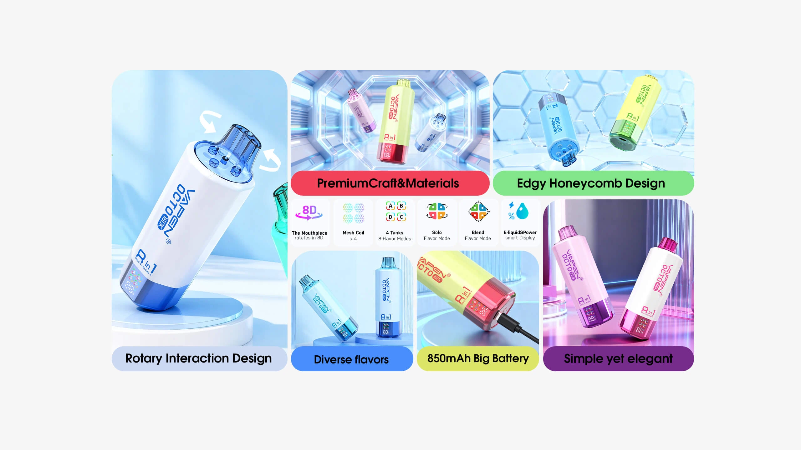 VAPEN OCTO 160K features diagram showing 4 independent tanks, 8 flavor modes, quad coils, and 850mAh Type-C rechargeable battery.
