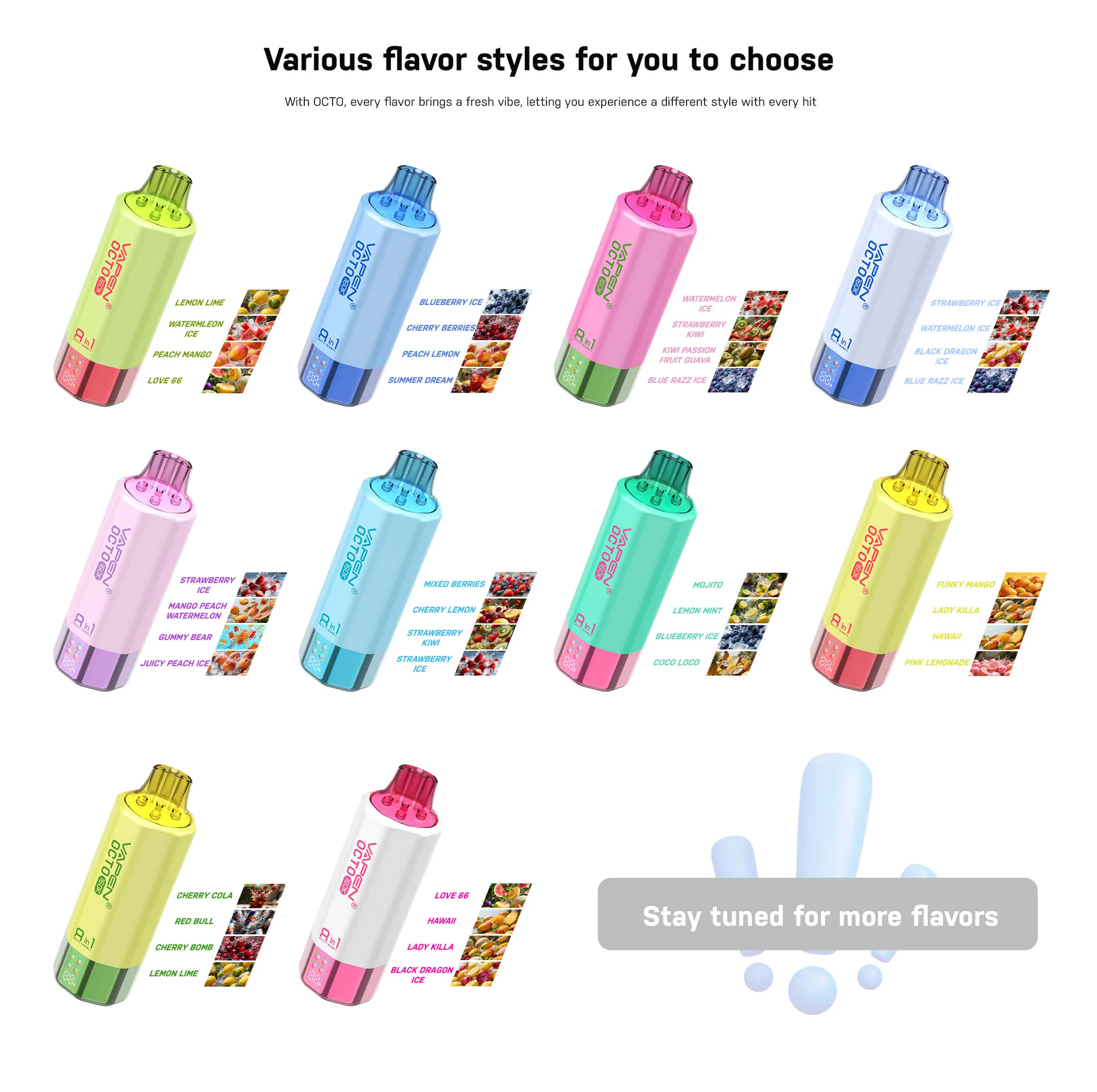VAPEN OCTO 160K 8-in-1 flavor list showing 28 single flavors and 40 dual-mix combinations.