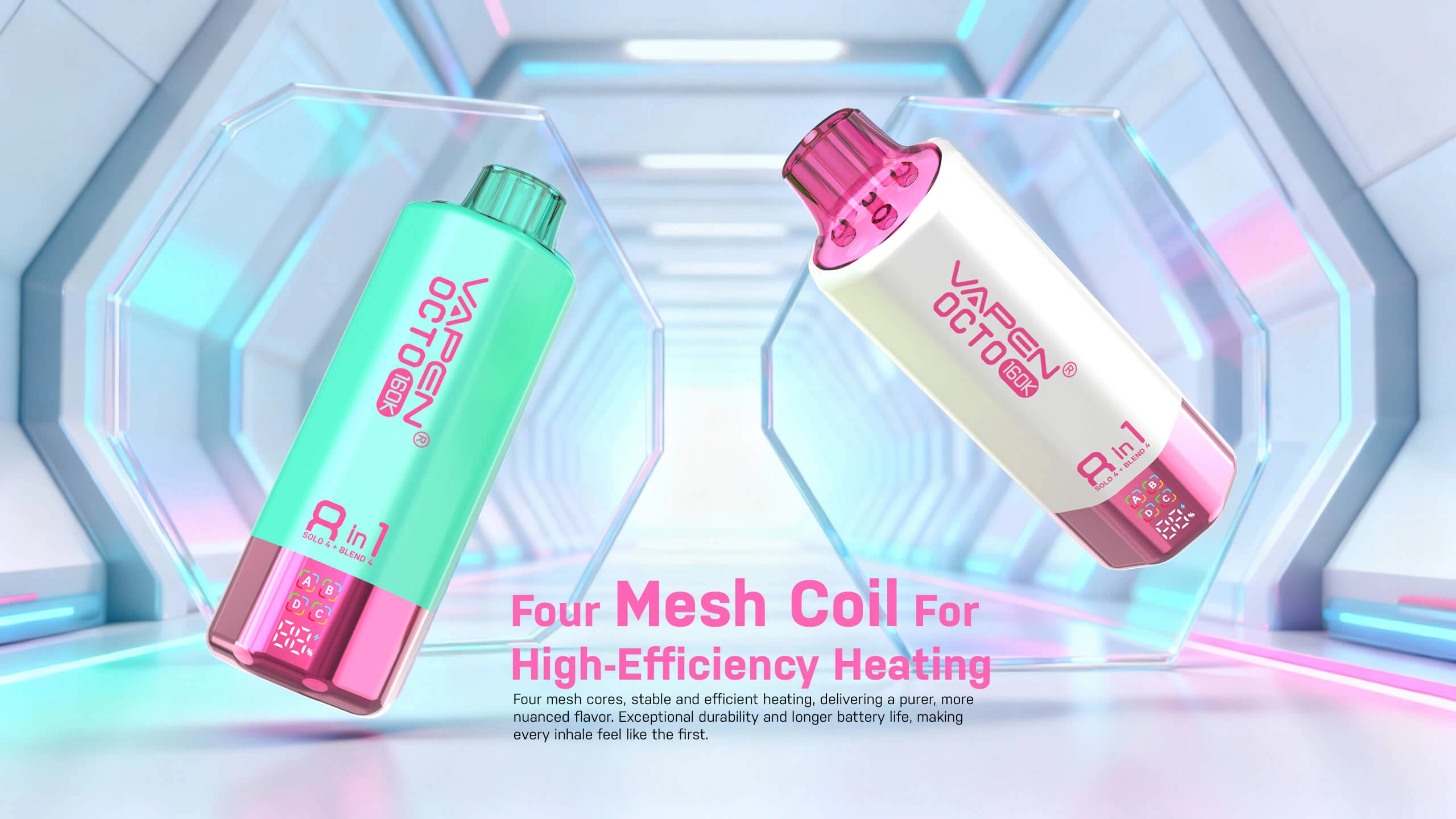 VAPEN OCTO 160K quad mesh coil system showing four independent 1.0Ω coils for solo and blend flavor modes.