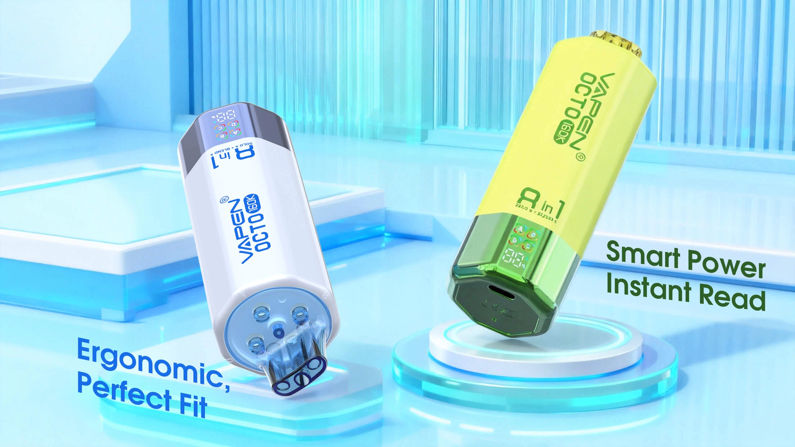 VAPEN OCTO 160K smart display and ergonomic design showing e-liquid indicators and digital battery percentage.