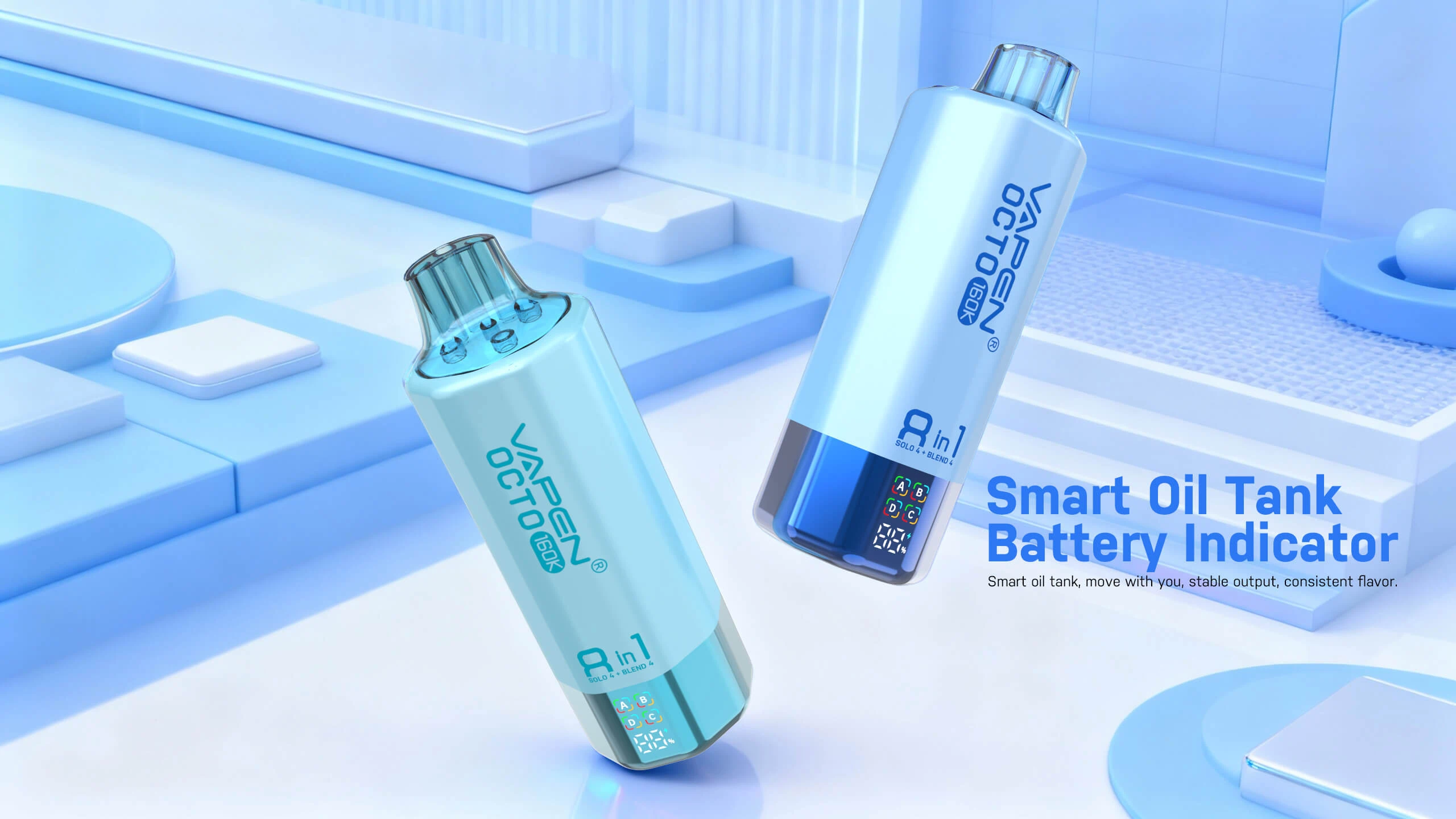 VAPEN OCTO 160K smart oil level indicators and digital battery percentage display.