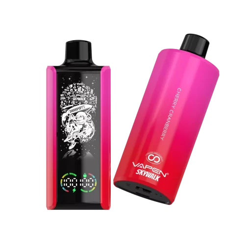 VAPEN SKYWALK 30K disposable vape with 30000 puffs, pre-filled 30ml e-liquid, consistent flavor technology, rechargeable Type-C battery, and cherry cranberry flavor.