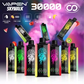 VAPEN SKYWALK 30K disposable vape with 30000 puffs, pre-filled 30ml e-liquid, consistent flavor technology, rechargeable Type-C battery, and fruity flavor.