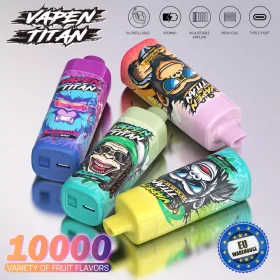 VAPEN TITAN 10K disposable vape with 10,000 puffs, refillable 20ml e-liquid tank, 650mAh battery, and Type-C fast charging.