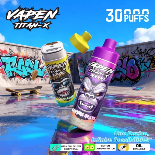 VAPEN TITAN-X 30K puffs refillable disposable vape with 30,000 puffs, rechargeable 650mAh battery, adjustable airflow, and large tank.