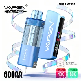 VAPEN SWITCH MAX 60K disposable vape pod kit main features including 60,000 puffs, dual mesh coil, leak-proof system, and Type-C charging blue razz ice