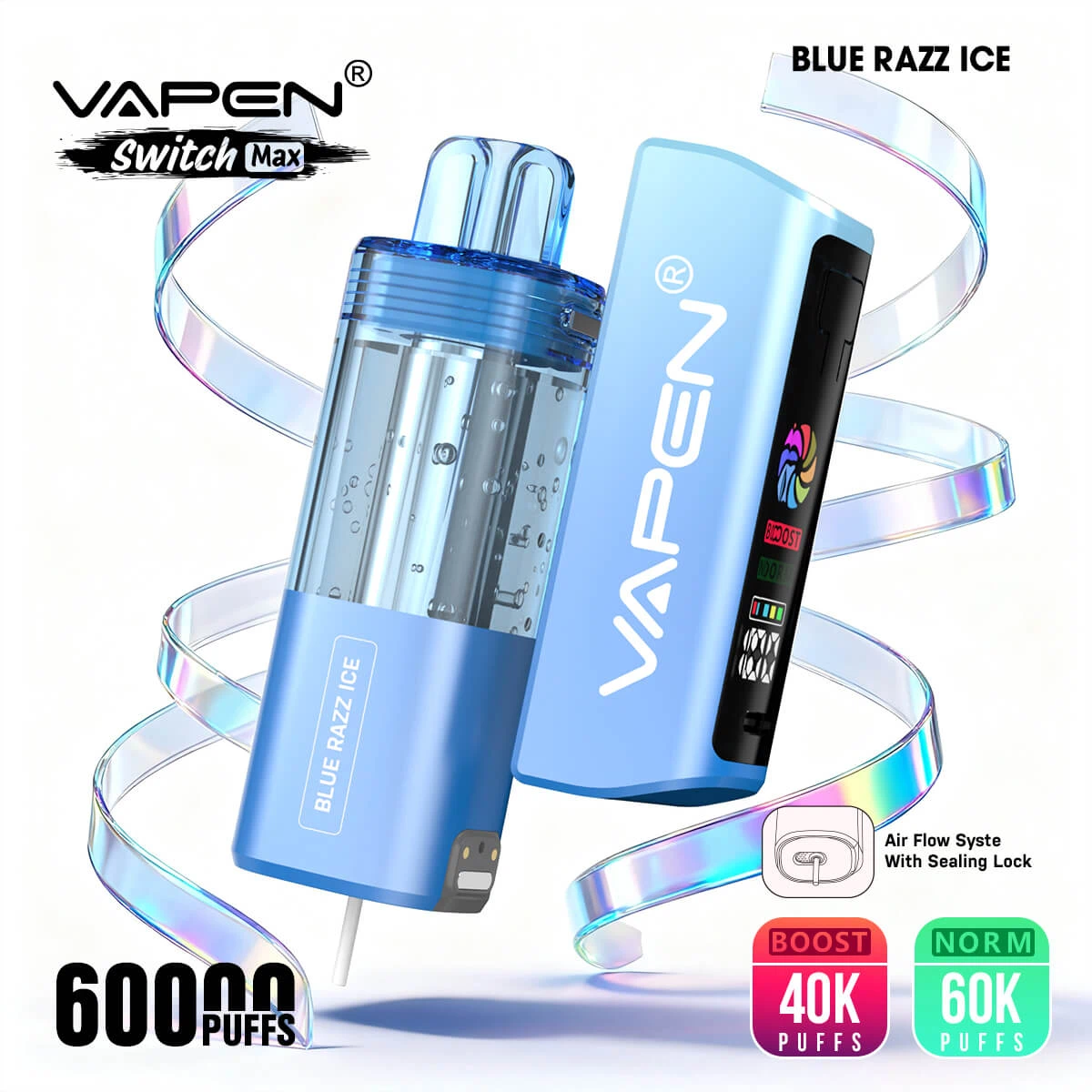VAPEN SWITCH MAX 60K disposable vape pod kit main features including 60,000 puffs, dual mesh coil, leak-proof system, and Type-C charging blue razz ice