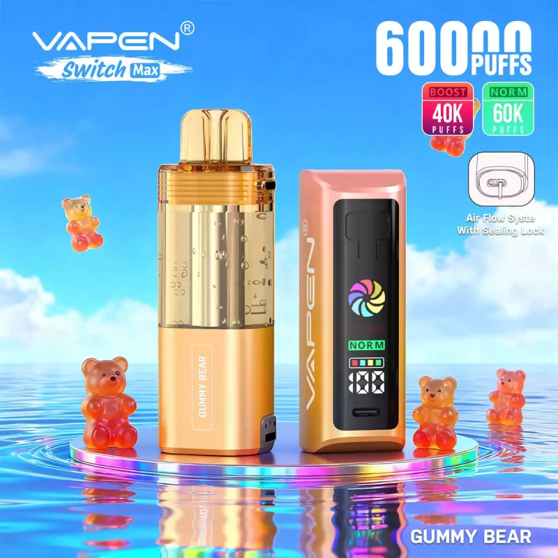 vapen-switch-max-60k-disposable-vape-60000-puffs-mesh-coil-bottom-airflow-leakproof-magnetic-pod-norm-boost-mode-typec-charging-premium-design-gummy-bear