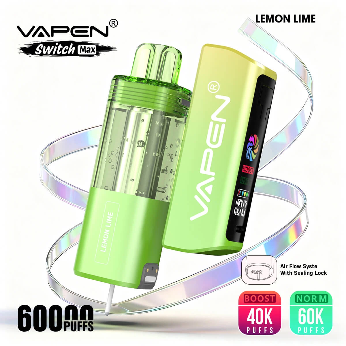 VAPEN SWITCH MAX 60K disposable vape pod kit main features including 60,000 puffs, dual mesh coil, leak-proof system, and Type-C charging lemon lime