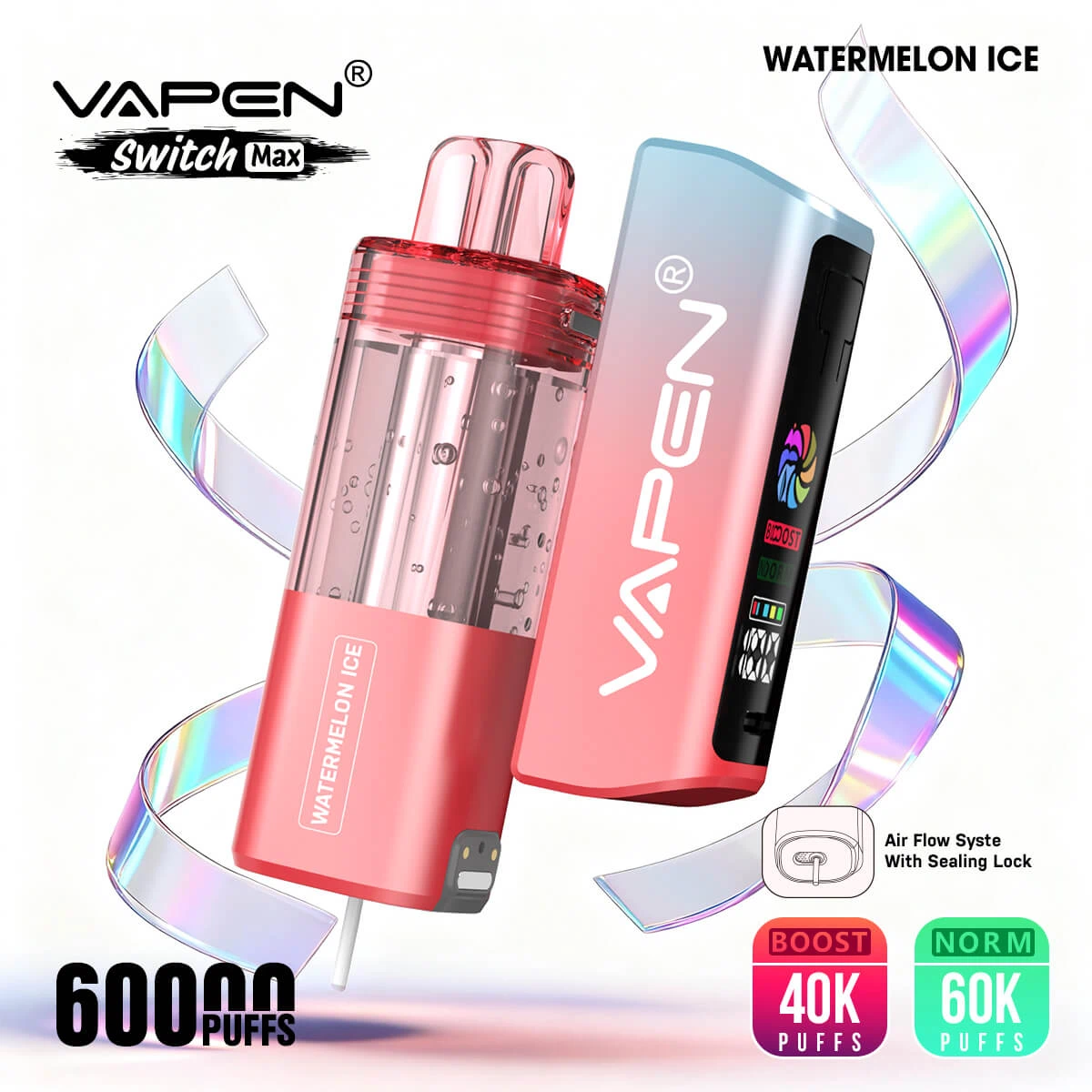 VAPEN SWITCH MAX 60K disposable vape pod kit main features including 60,000 puffs, dual mesh coil, leak-proof system, and Type-C charging watermelon ice