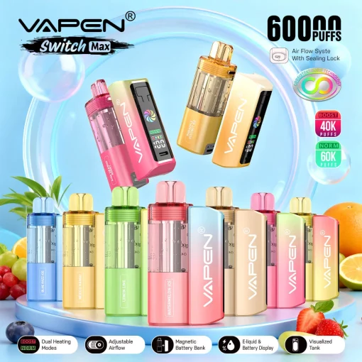 VAPEN SWITCH MAX 60K disposable vape pod kit main features including 60,000 puffs, dual mesh coil, leak-proof system, and Type-C charging