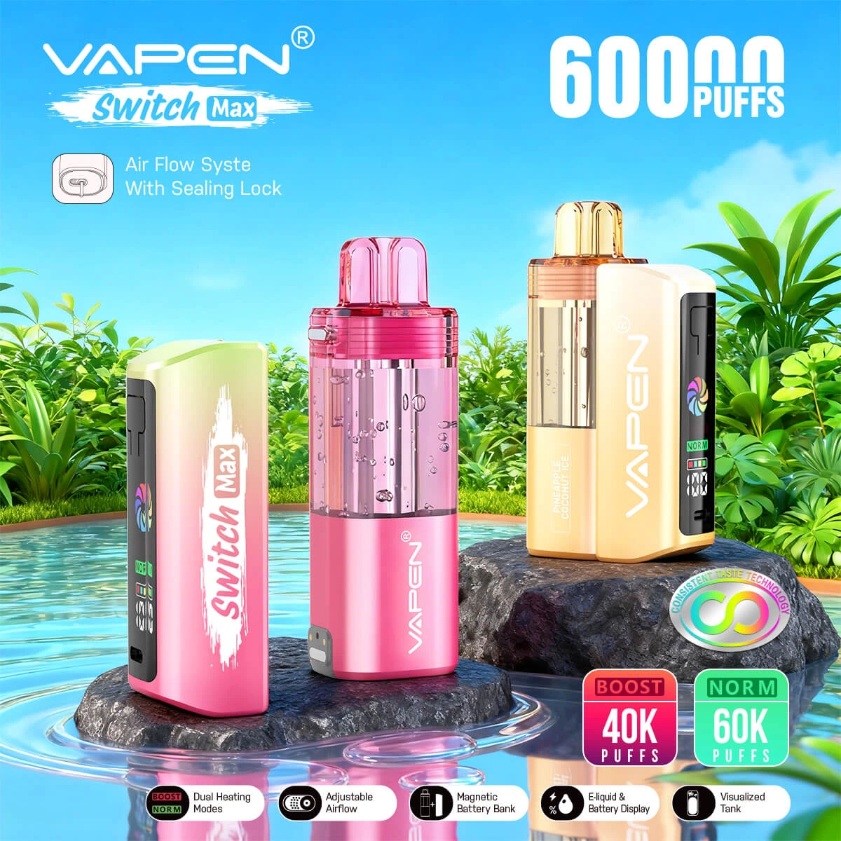 VAPEN SWITCH MAX 60K disposable vape pod kit main features including 60,000 puffs, dual mesh coil, leak-proof system, and Type-C charging