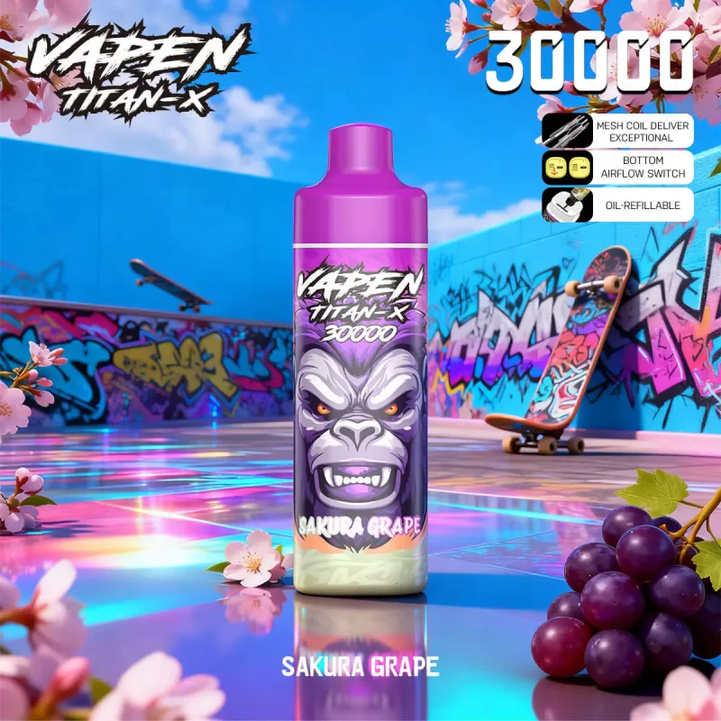 VAPEN TITAN-X 30K puffs sakura grape refillable disposable vape with 30,000 puffs, rechargeable 650mAh battery, adjustable airflow, and large tank.