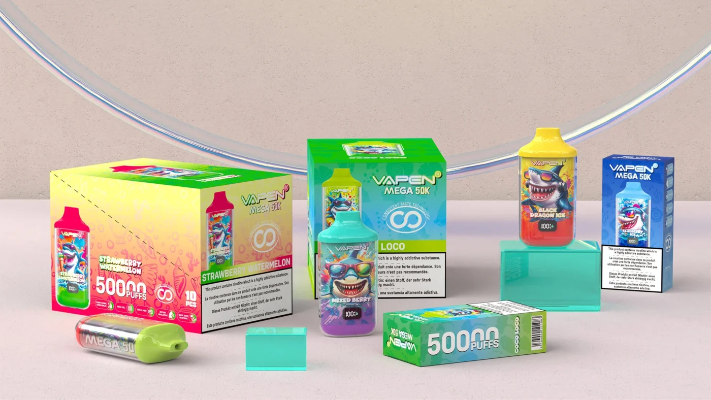 VAPEN MEGA 50K packaging includes retail single pack and 10pcs display box for wholesale distribution