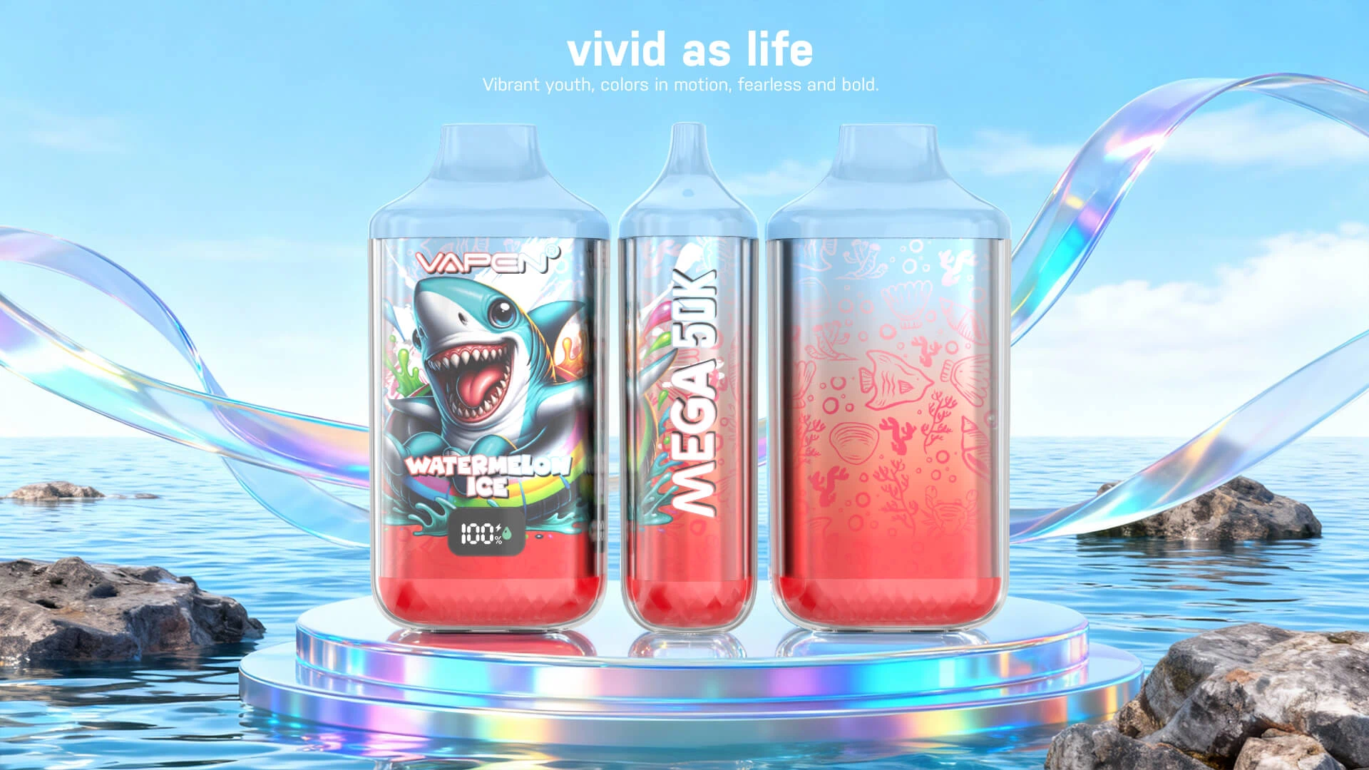 VAPEN MEGA 50K disposable vape color lineup showing multiple stylish transparent finishes with smart LED display