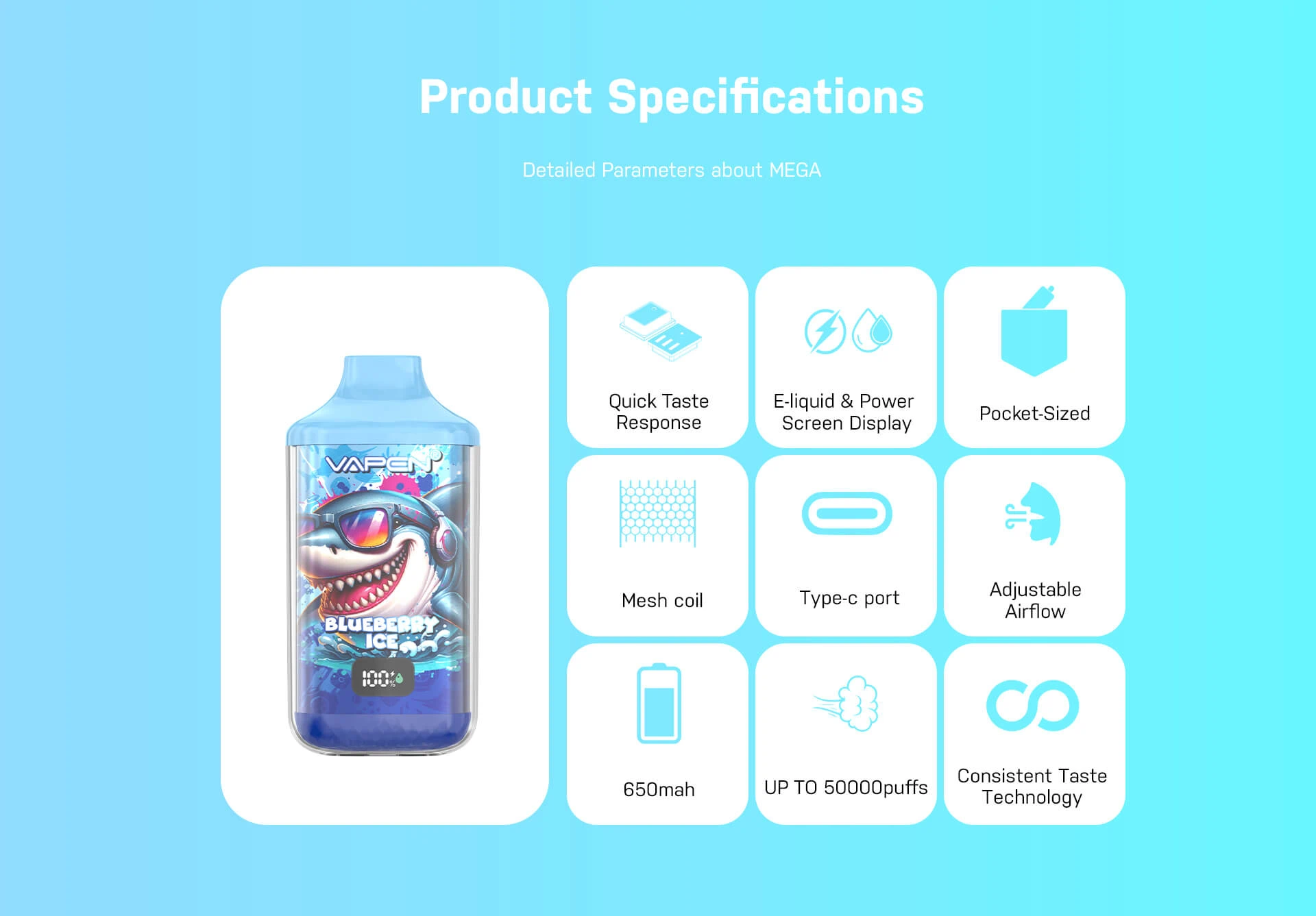 Key features of VAPEN MEGA 50K disposable vape including 50000 puffs, 650mAh rechargeable battery, and Type-C fast charging