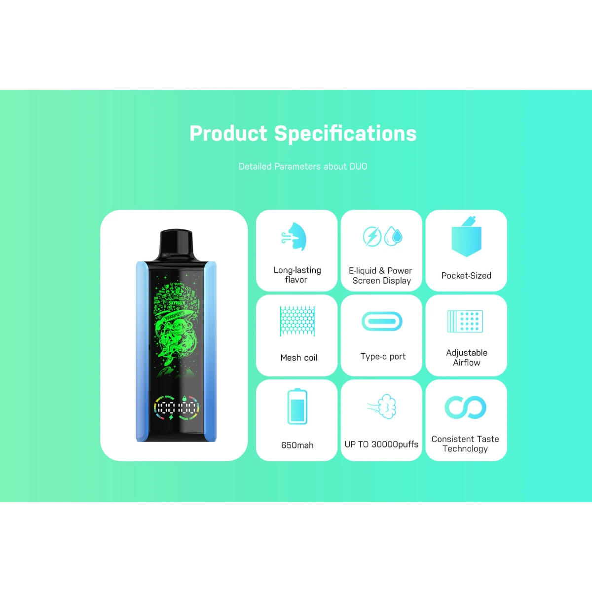 VAPEN SKYWALK 30K disposable vape featuring mesh coil, consistent taste technology, adjustable airflow, RGB display, Type-C fast charging, and large e-liquid tank for up to 30,000 puffs.