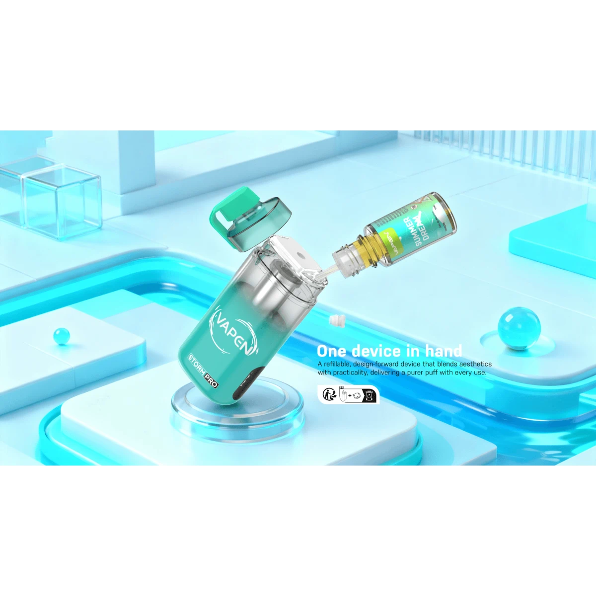 VAPEN STORM PRO 28000 open-system vape showing refillable e-liquid design, removable drip tip, silicone dustproof cap, and 10ml tank for easy maintenance.