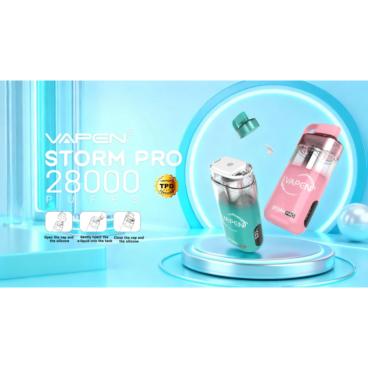 VAPEN STORM PRO 28000 open-system refillable vape device featuring premium design, 28000 puffs performance, and Type-C fast charging.