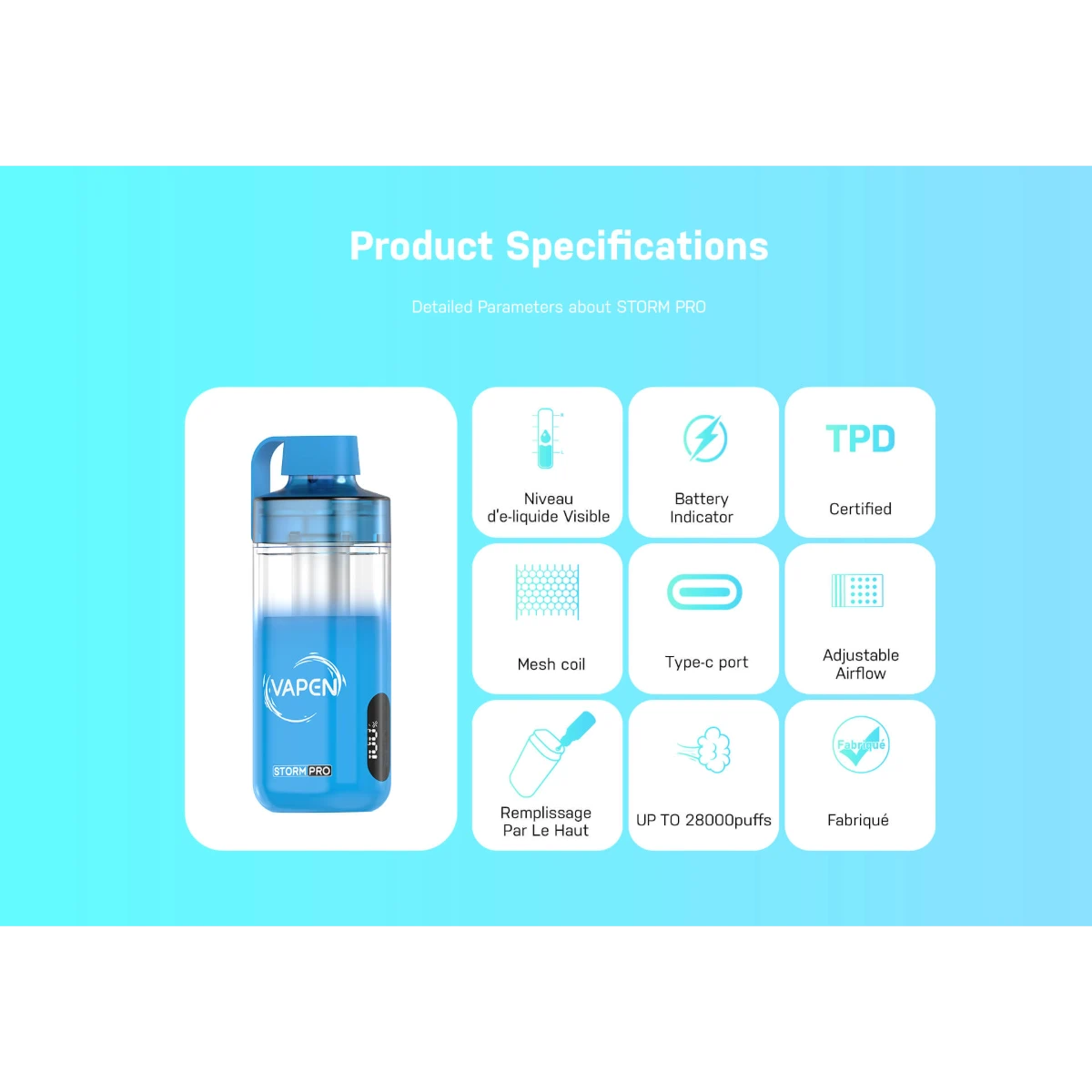 VAPEN STORM PRO 28000 core features – TPD certified, visible e-liquid tank, refillable design, Type-C rechargeable 650mAh battery, and smart side display.
