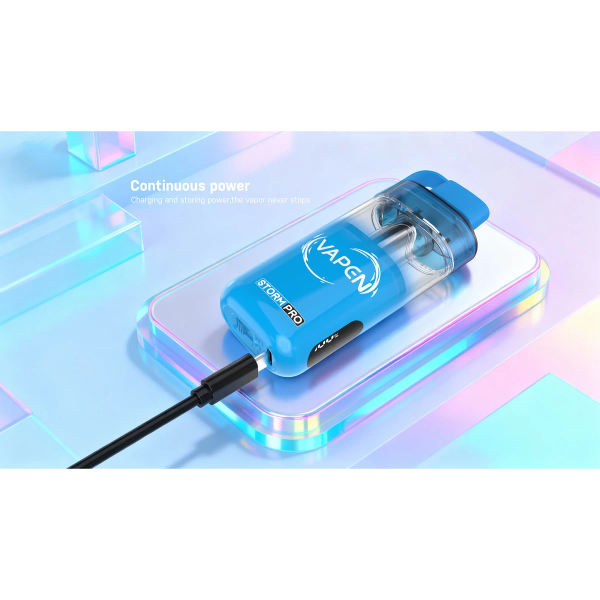 VAPEN STORM PRO 28000 featuring smart side display for battery and e-liquid level, Type-C fast charging port, and adjustable airflow system for customized draw.