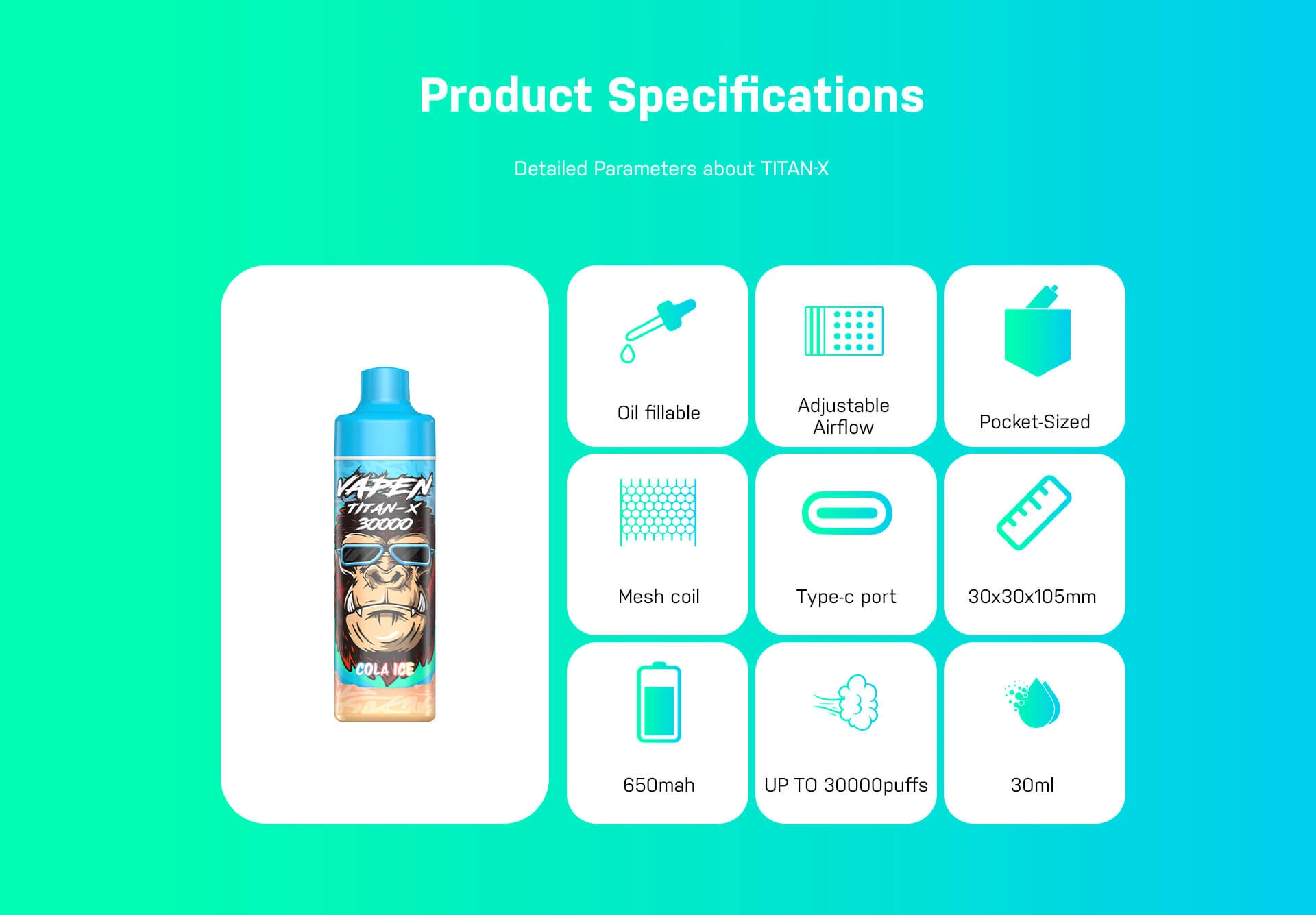 VAPEN TITAN-X 30K Key Specifications and Features – 30000 Puffs, Refillable, Type-C, Adjustable Airflow