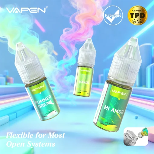 12-Flavor Collection in French label edition. Designed for consistent flavor and satisfying nicotine delivery. Works with the majority of refillable open-system vapes.
