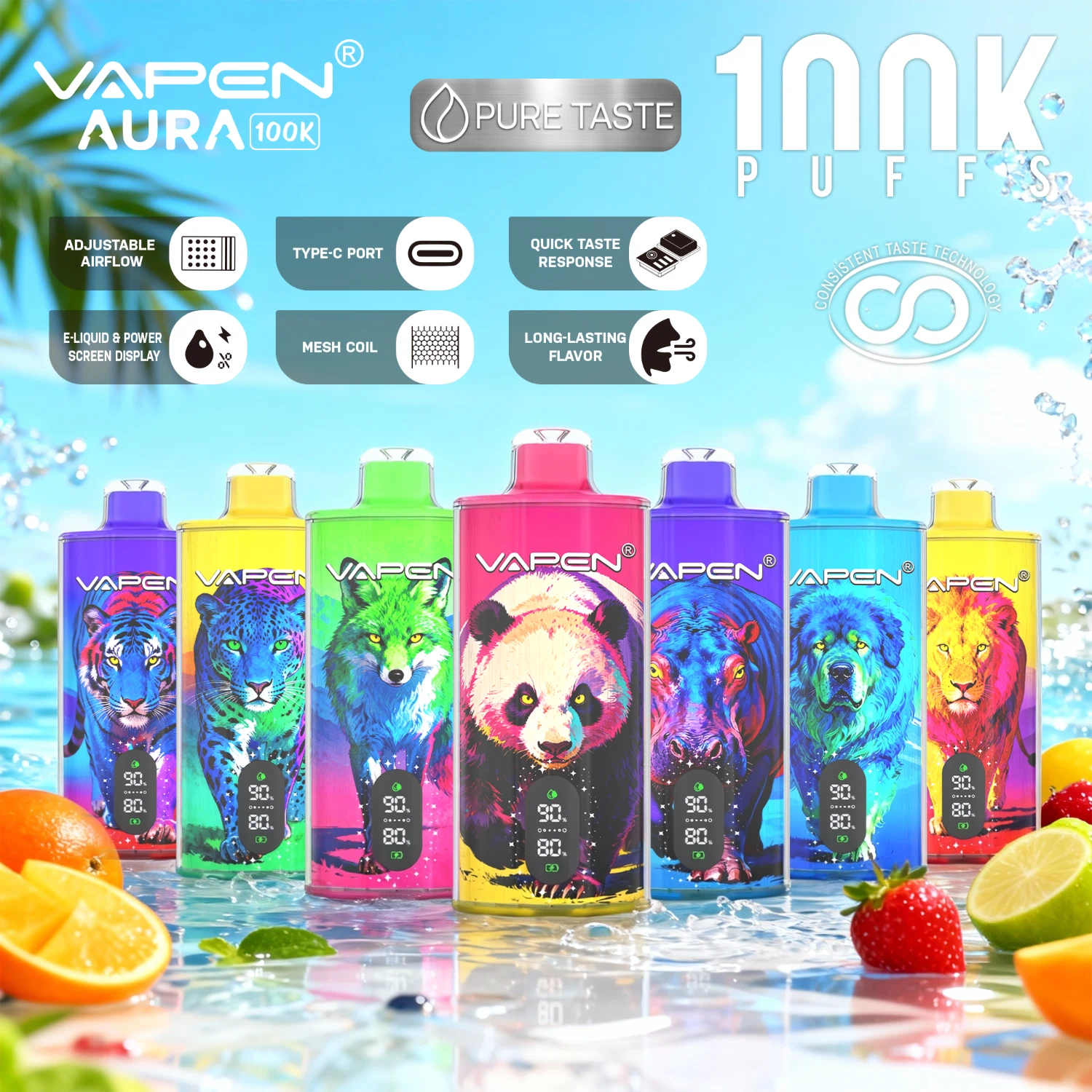 VAPEN AURA 100K disposable vape showing dual-color mouthpiece and multiple designs with animal-themed stickers.