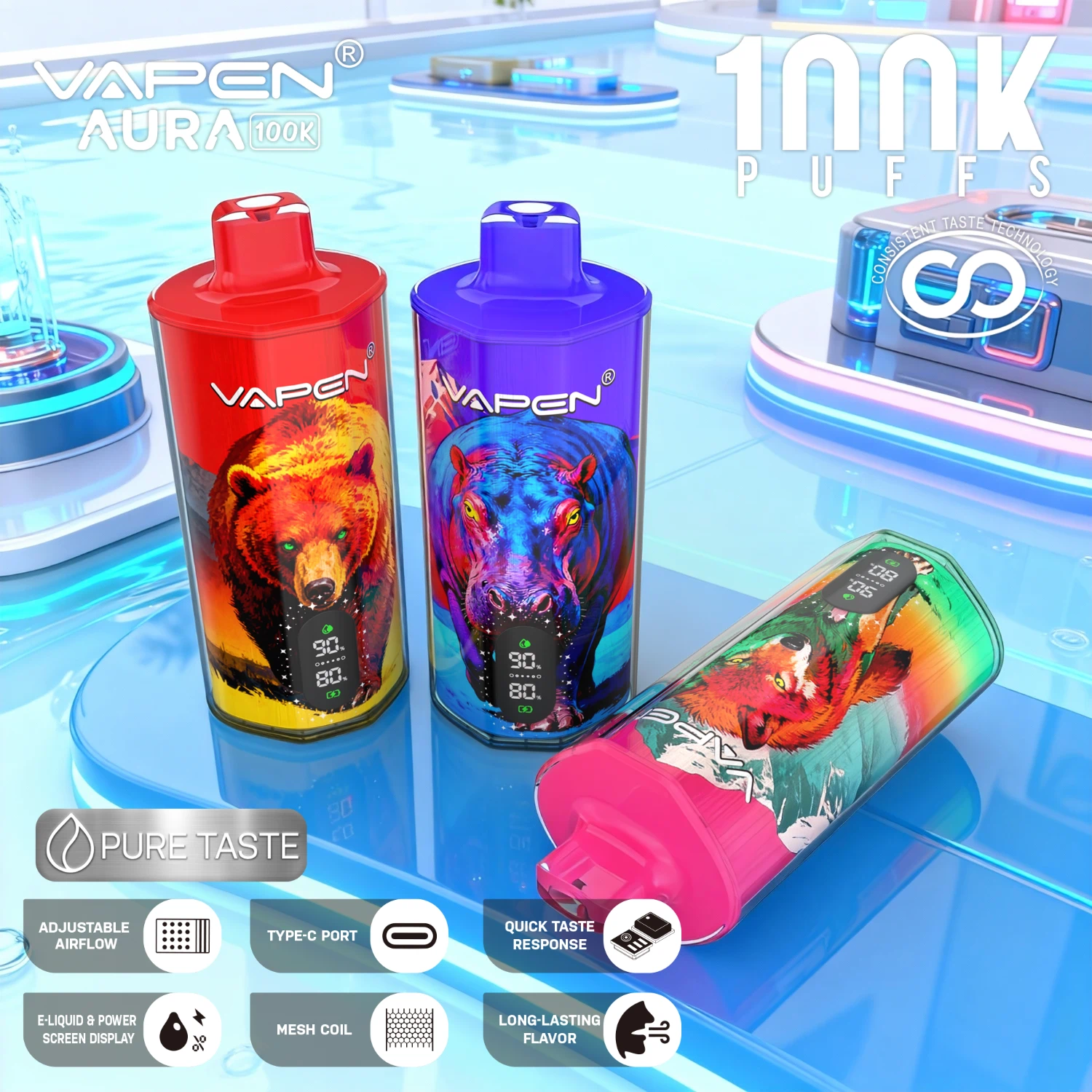 VAPEN AURA 100K disposable vape with smart oil & power display, Taste Consistent Technology, adjustable airflow, 1.0Ω mesh coil, SIMIC 16ms response, and Type‑C charging.
