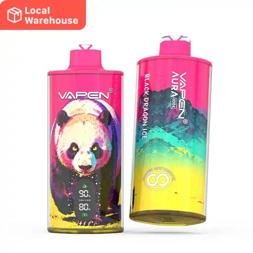 VAPEN AURA 100K disposable vape front and back view with crystal transparent body, dual-color mouthpiece, and beast sticker design.