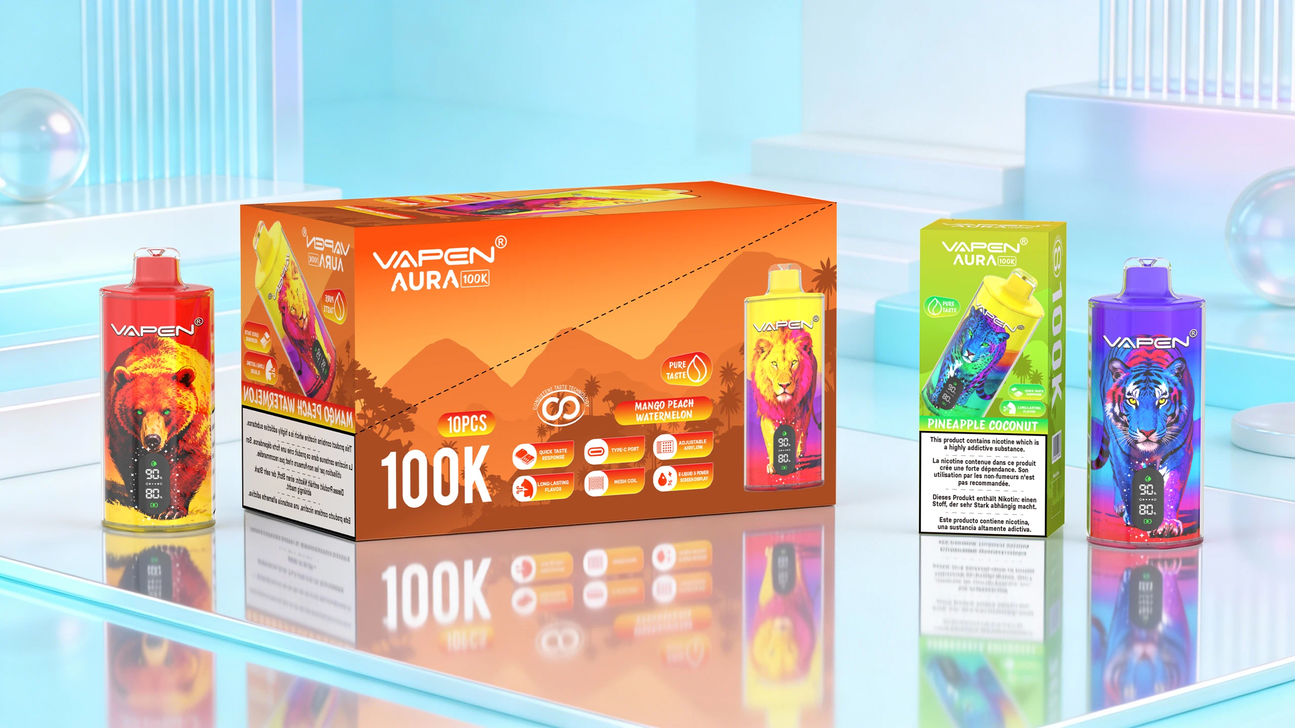VAPEN AURA 100K packaging includes retail single box and display box for wholesale and store presentation.