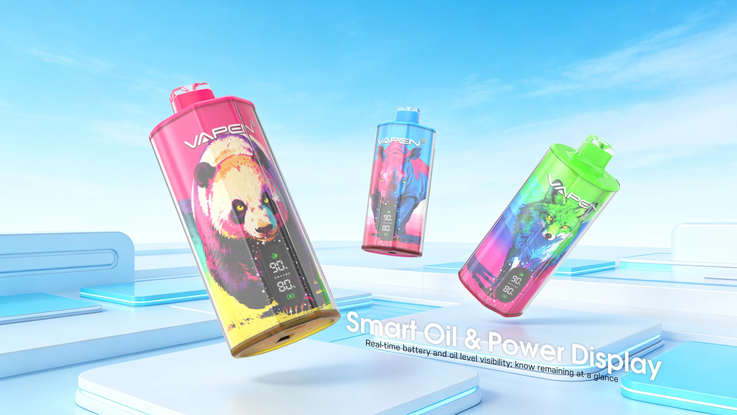 VAPEN AURA 100K disposable vape smart oil & power display screen showing e-liquid level and battery indicator.