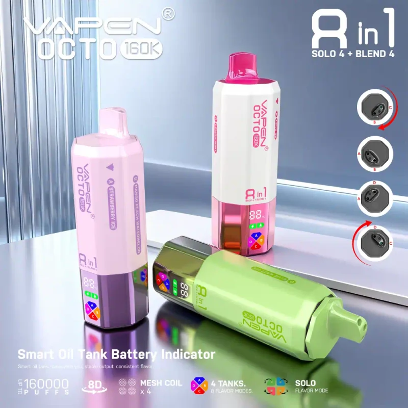 VAPEN OCTO 160K 8-in-1 Disposable Vape - 160,000 Puffs, Quad Mesh Coil, 4 Independent Tanks, and Smart Display