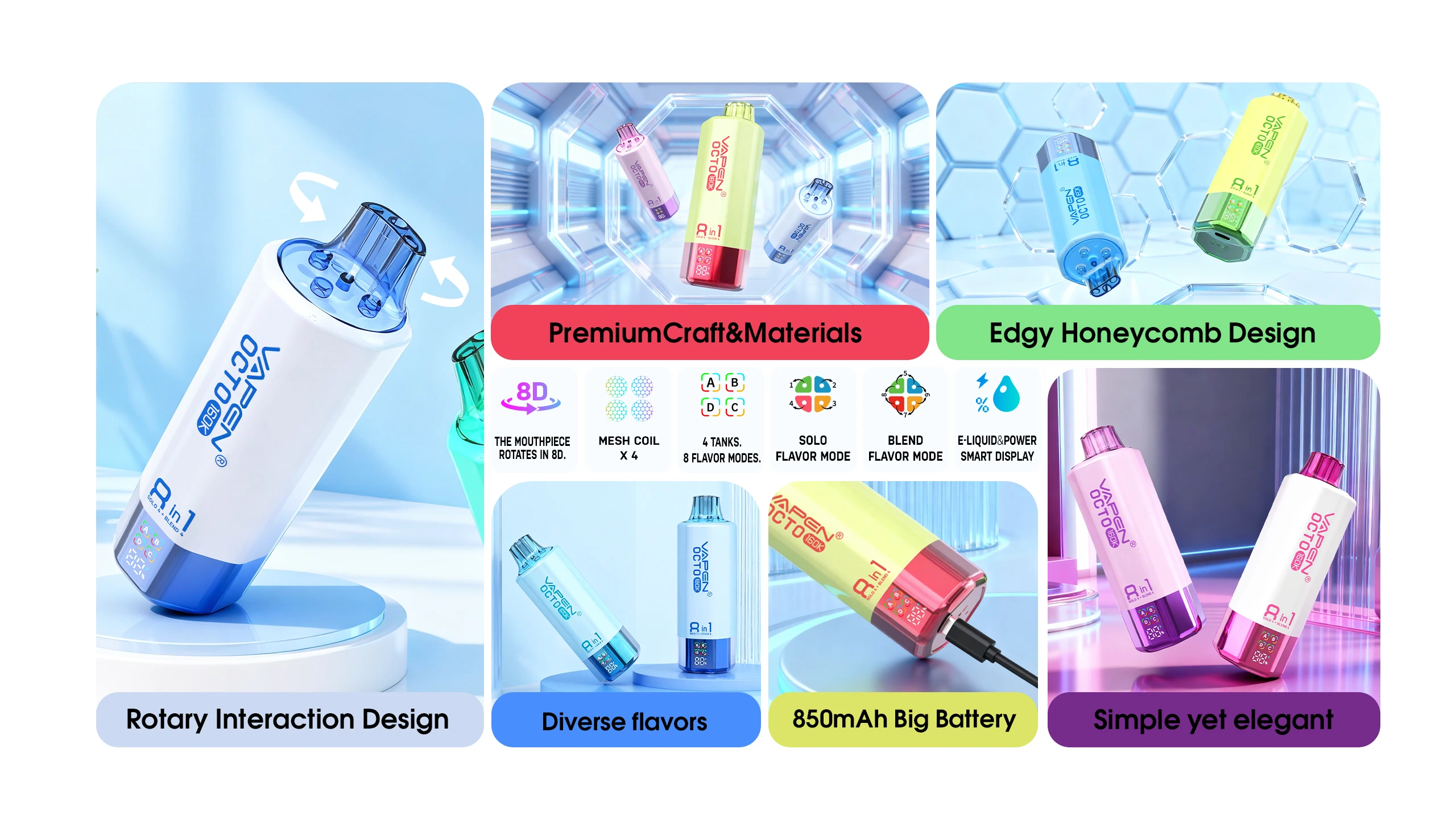 VAPEN OCTO 160K features diagram showing 4 independent tanks, 8 flavor modes, quad coils, and 850mAh Type-C rechargeable battery.