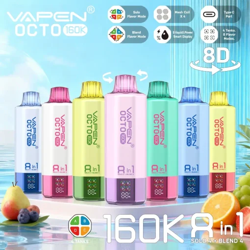 VAPEN OCTO 160K 8IN1 quad-tank multi-flavor disposable vape — 8-in-1 blue razz & watermelon ice, up to 160000 puffs, quad mesh coils