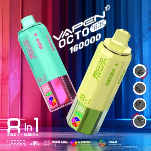 VAPEN OCTO 160K Multi-Flavor 8-in-1 Vape with Four Independent Tanks, Solo and Blend Modes.
