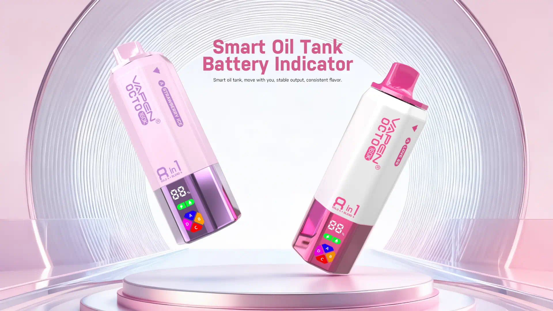 VAPEN OCTO Smart Display Screen with E-liquid and Battery Percentage.