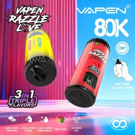 VAPEN RAZZLE LOVE 80K 3-in-1 triple flavor disposable vape with 80,000 puffs, rotating mouthpiece, triple mesh coils, 3 independent tanks, smart LED display, and Type-C fast charging