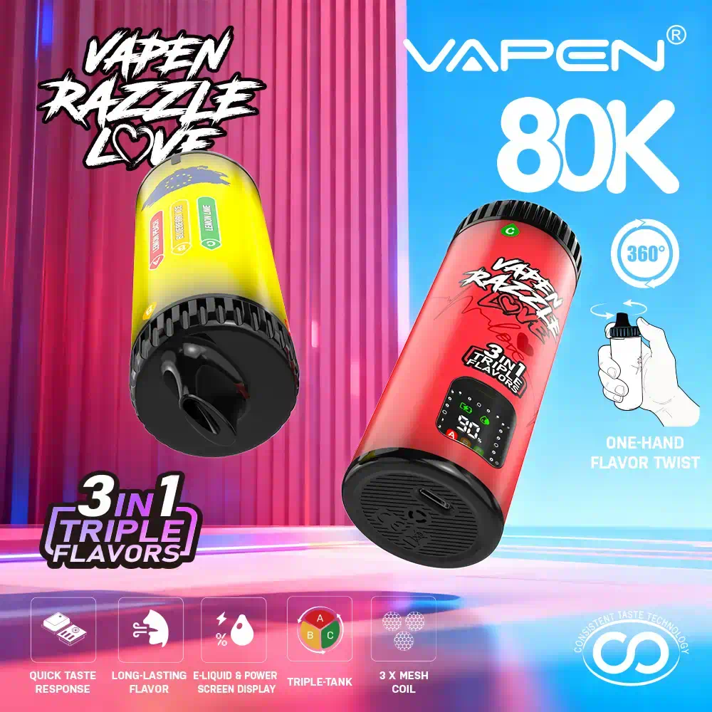 VAPEN RAZZLE LOVE 80K 3-in-1 triple flavor disposable vape with 80,000 puffs, rotating mouthpiece, triple mesh coils, 3 independent tanks, smart LED display, and Type-C fast charging