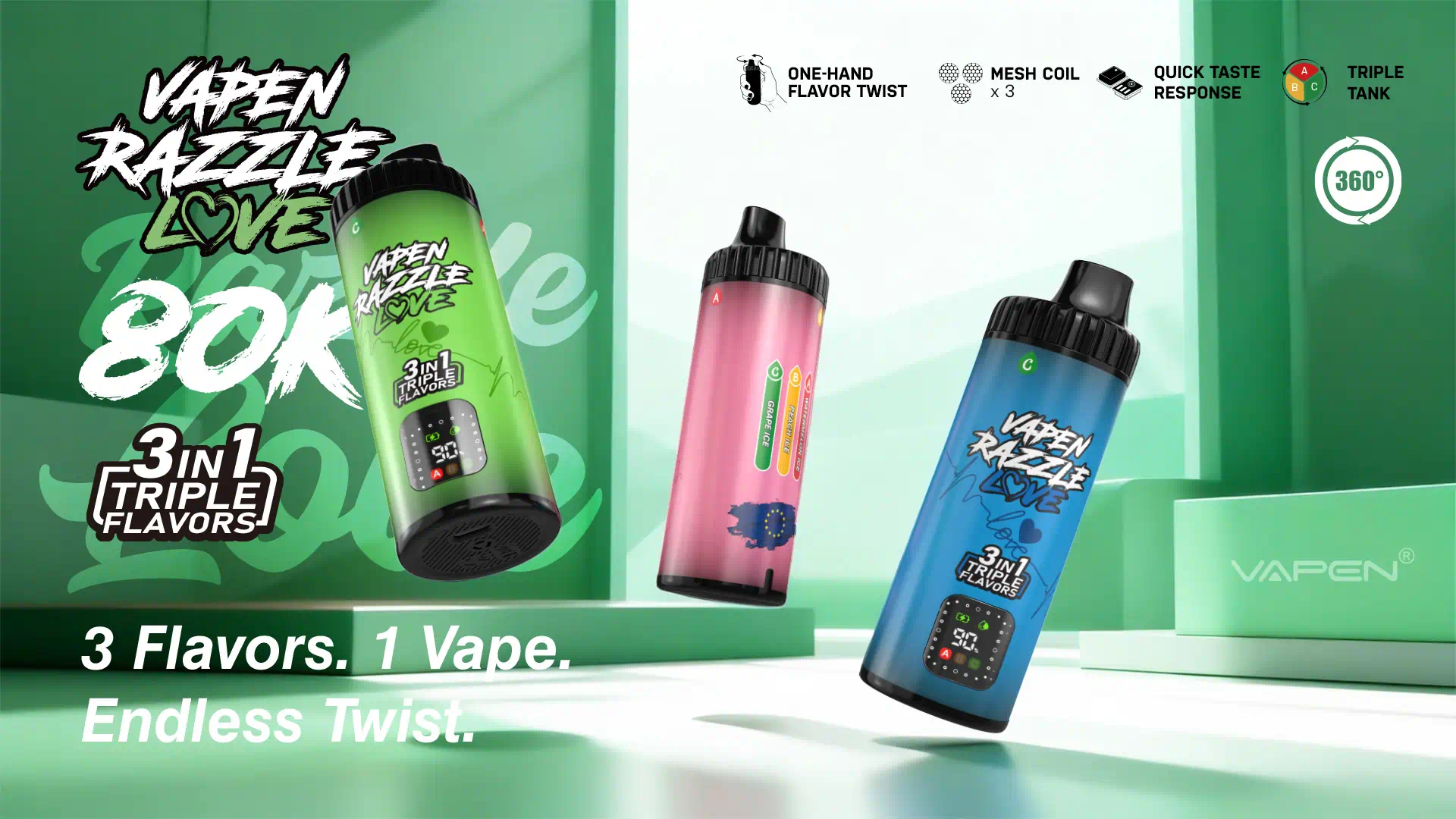 VAPEN RAZZLE LOVE 80K 3-in-1 triple flavor disposable vape with 80,000 puffs, rotating mouthpiece, triple mesh coils, 3 tanks, smart LED display, and Type-C charging – hero banner