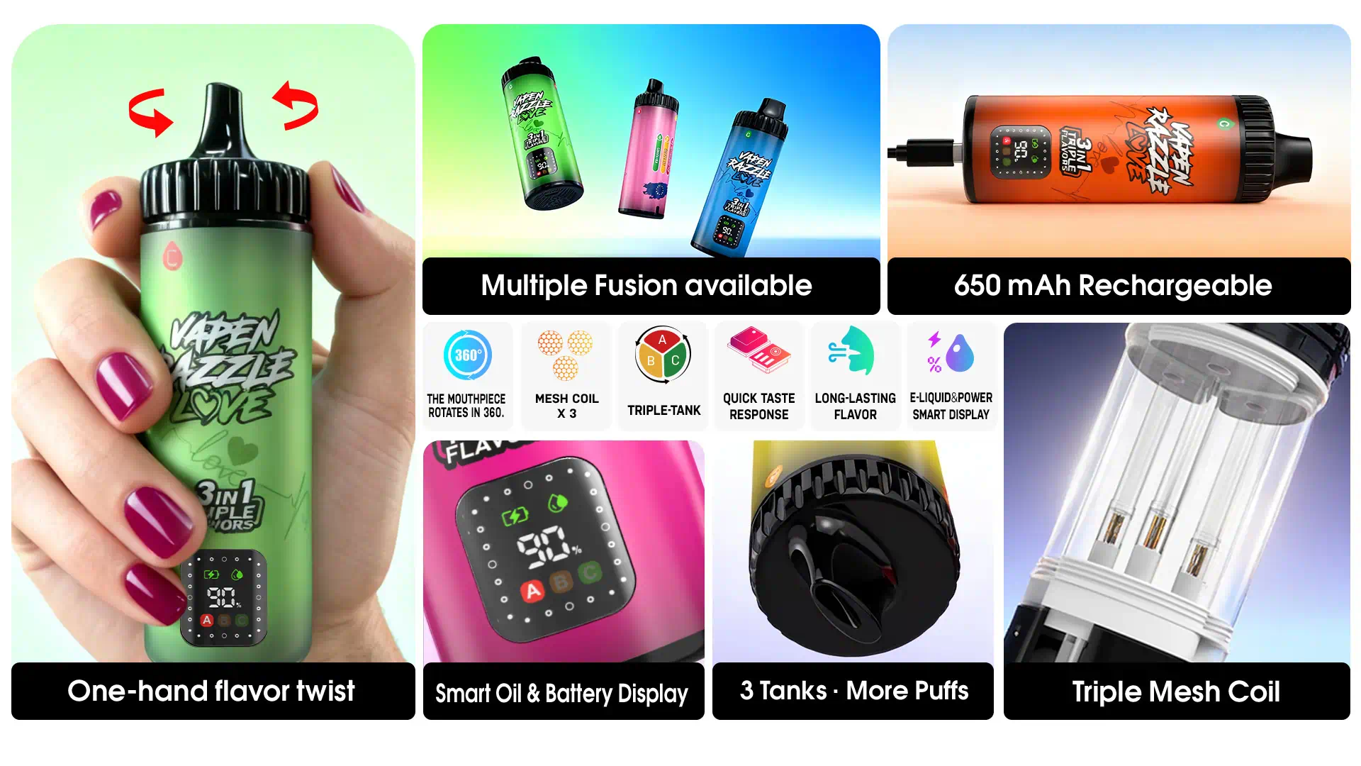 VAPEN RAZZLE LOVE 80K all key features – one-hand rotating mouthpiece for flavor switch, triple mesh coils, 3 independent e-liquid tanks, 10 flavor series options, 650mAh rechargeable battery, and smart e-liquid and battery LED display