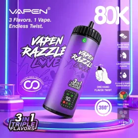 VAPEN RAZZLE LOVE 80K 3-in-1 triple flavor disposable vape with 80,000 puffs, rotating mouthpiece, triple mesh coils, 3 independent tanks, smart LED display, and Type-C fast charging