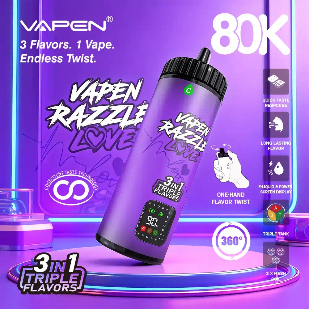 VAPEN RAZZLE LOVE 80K 3-in-1 triple flavor disposable vape with 80,000 puffs, rotating mouthpiece, triple mesh coils, 3 independent tanks, smart LED display, and Type-C fast charging