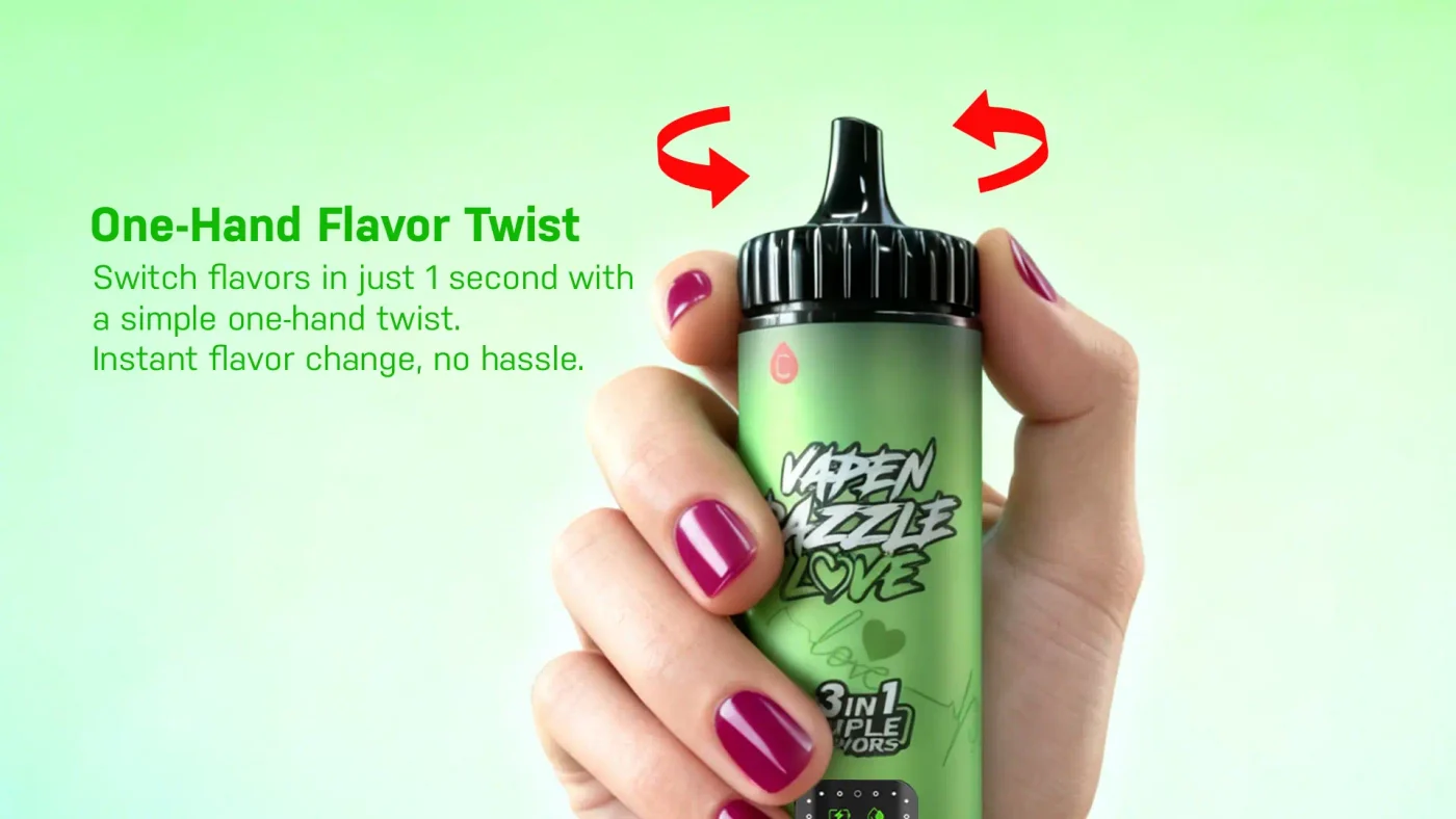 VAPEN RAZZLE LOVE 80K one-hand rotating mouthpiece design for easy flavor switching between three e-liquid tanks without buttons