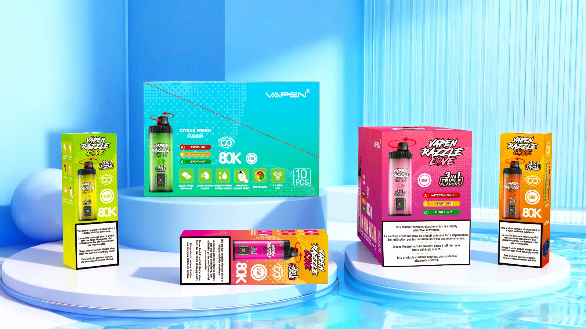 VAPEN RAZZLE LOVE 80K 3 independent e-liquid tanks single box,display box for retail and wholesale.
