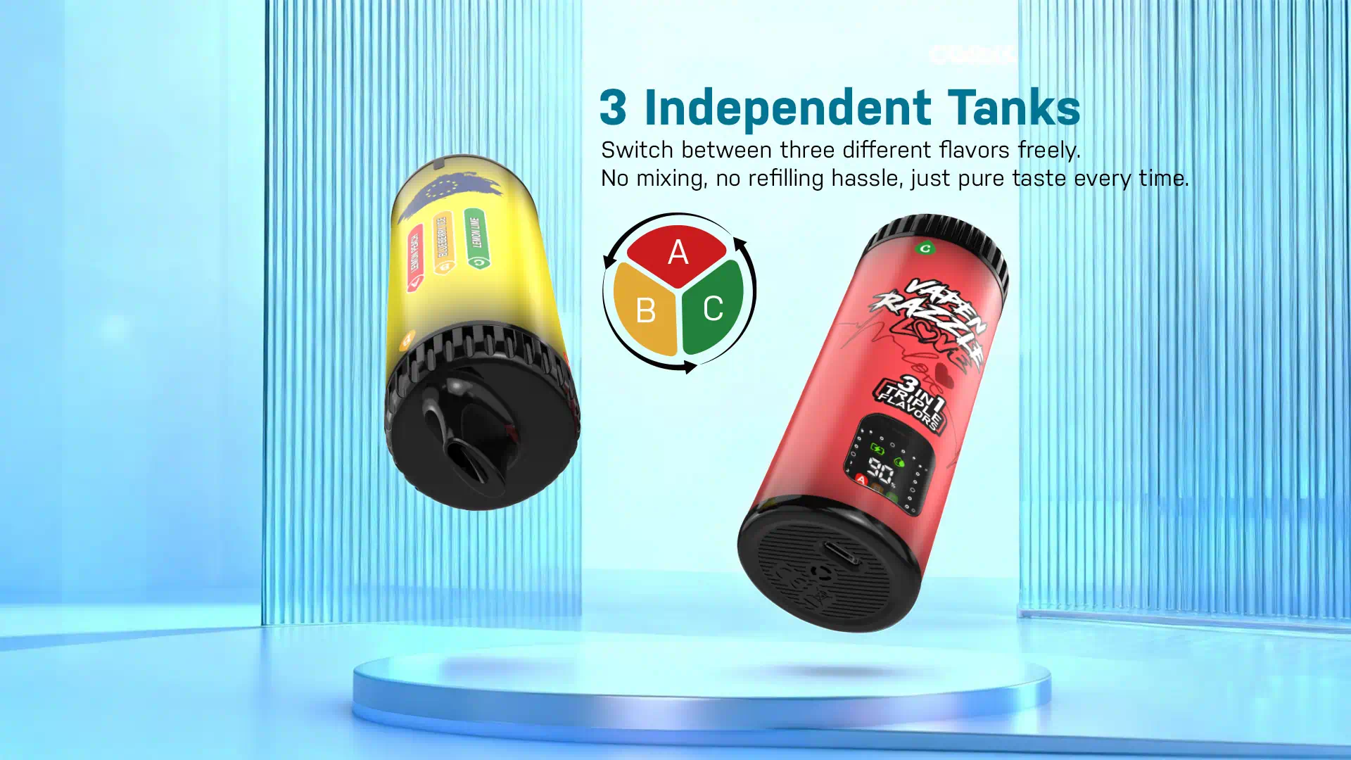 VAPEN RAZZLE LOVE 80K 3 independent e-liquid tanks with separate chambers that prevent flavor mixing and keep each taste clean and distinct