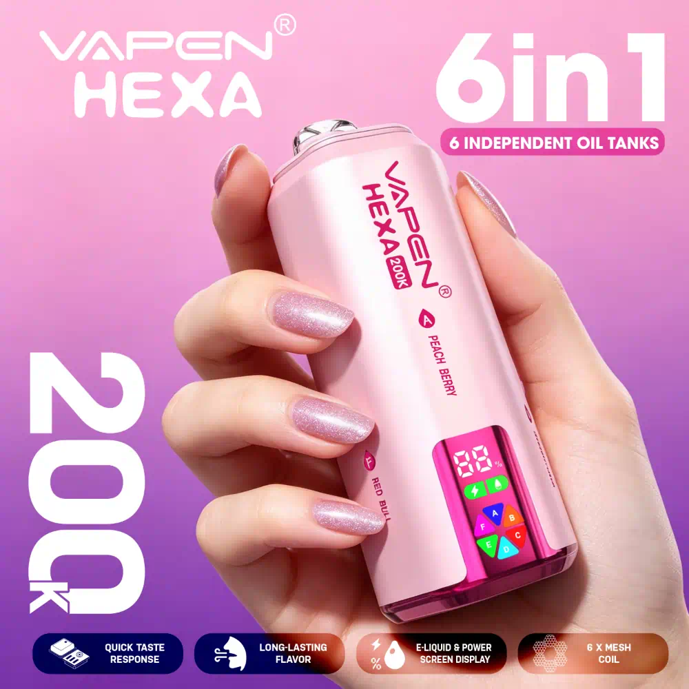 VAPEN HEXA 200K 6-in-1 disposable vape with six flavors and up to 200,000 puffs